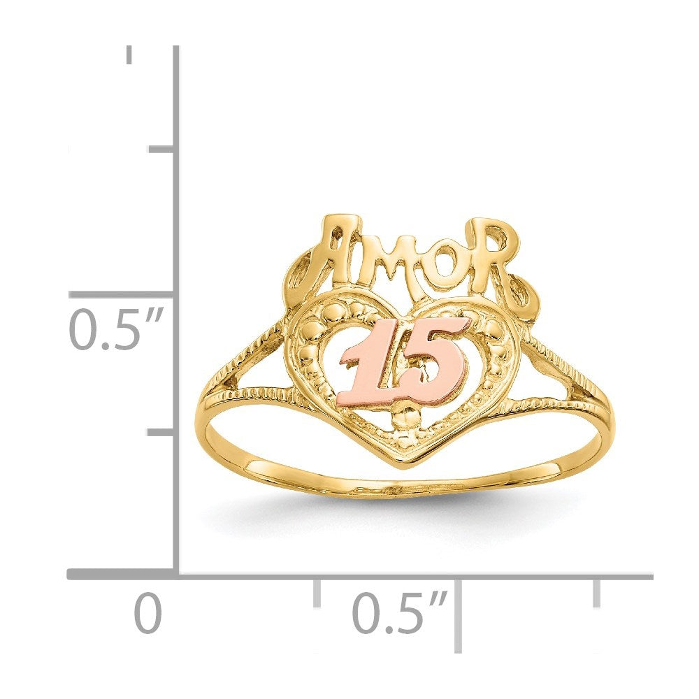 14k Two-Tone Quinceanera AMOR 15 Heart Ring