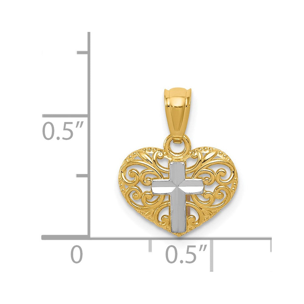 14k and White Rhodium Cross in Filigree Heart Pendant