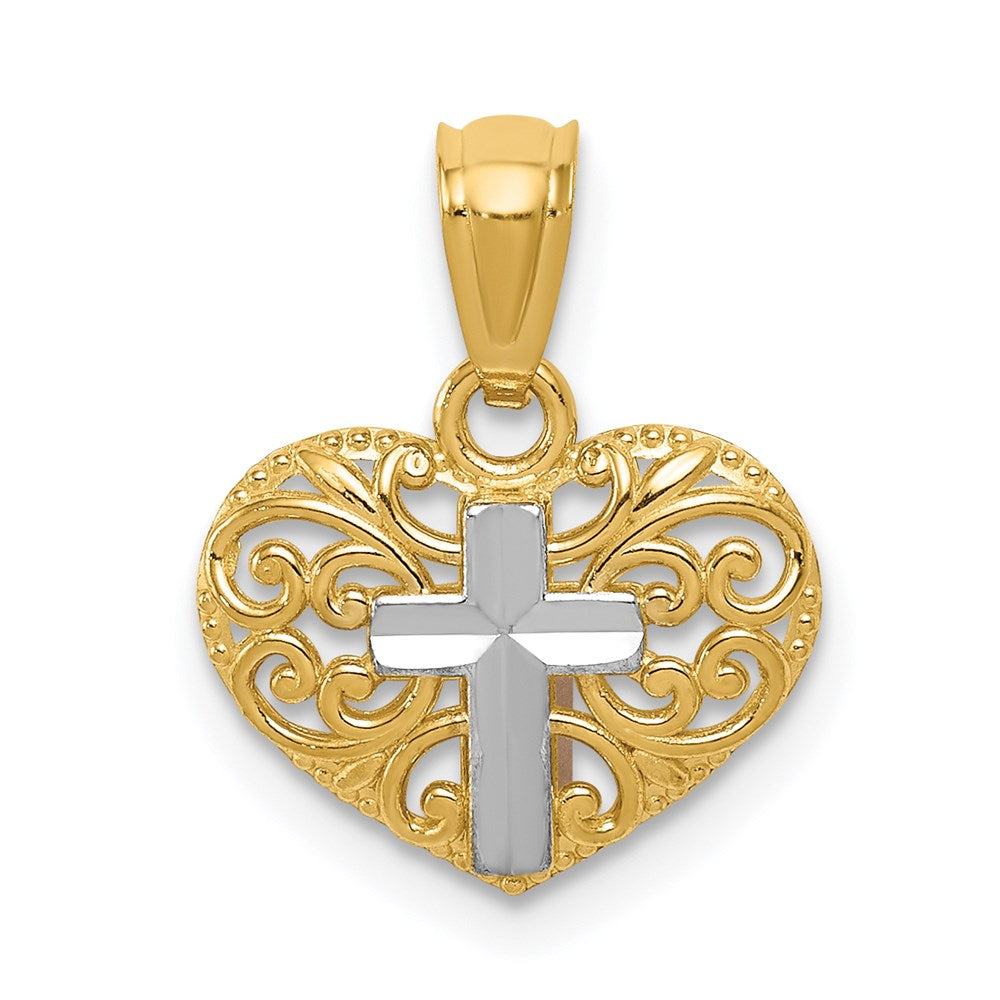14k and White Rhodium Cross in Filigree Heart Pendant