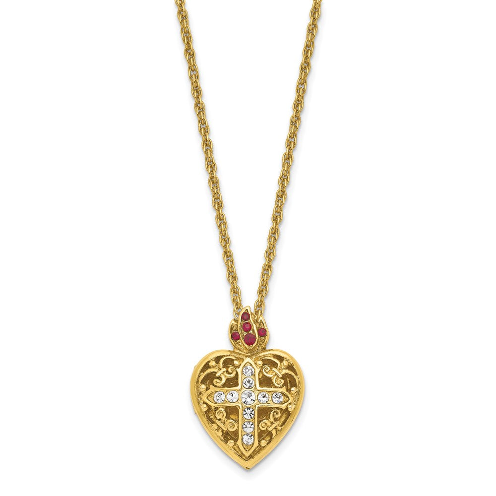 SOF Gold-tone 18in Red and Clear Crystal Sacred Heart Cross Locket Necklace