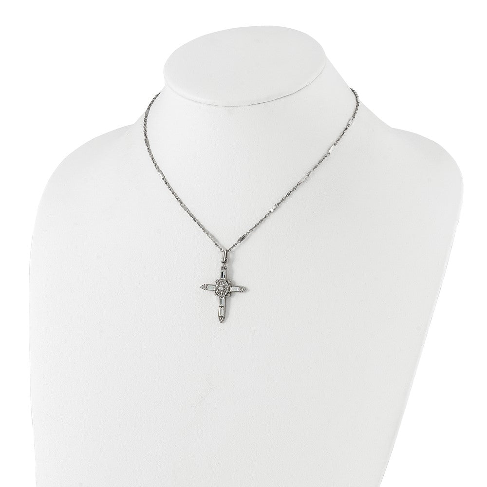Symbols of Faith Silver-tone Ornate Center with Clear Crystal Accent and Baguette-cut Crystals Cross 18 inch Necklace