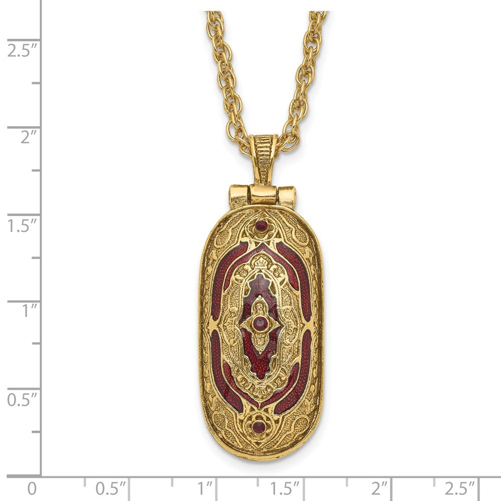Symbols of Faith Gold-tone Filigree Red Enameled with Red Swarovski Crystal Accent Hidden Cross when Opened 30 inch Necklace