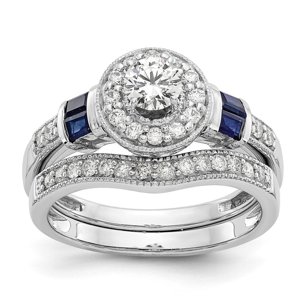 14k White Gold 1/2 carat Lab Grown Diamond VS/SI+ G+ and Created Sapphire Complete Round Halo Engagement Ring