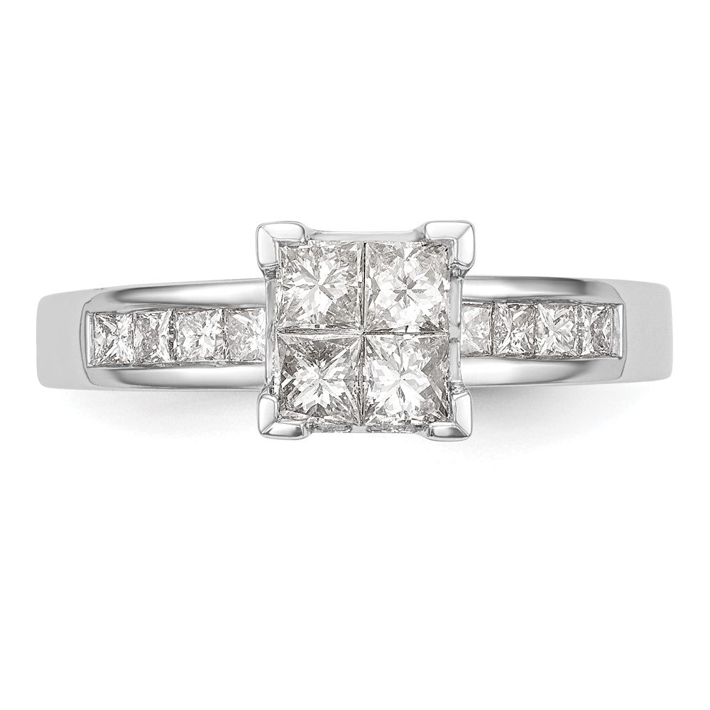 14K White Gold Square Cluster 3/4 carat Princess Diamond Complete Engagement Ring
