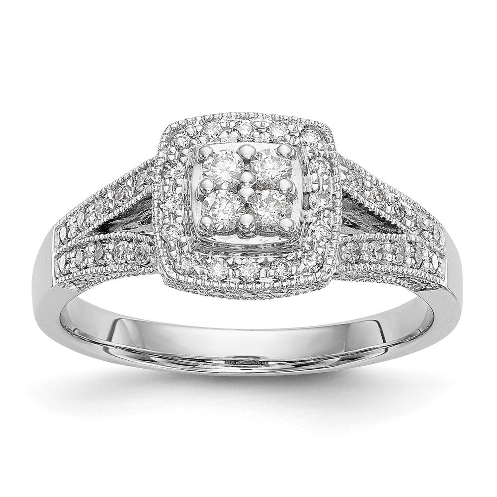 14K White Gold Square Halo Cluster 1/2 carat Diamond Complete Engagement Ring