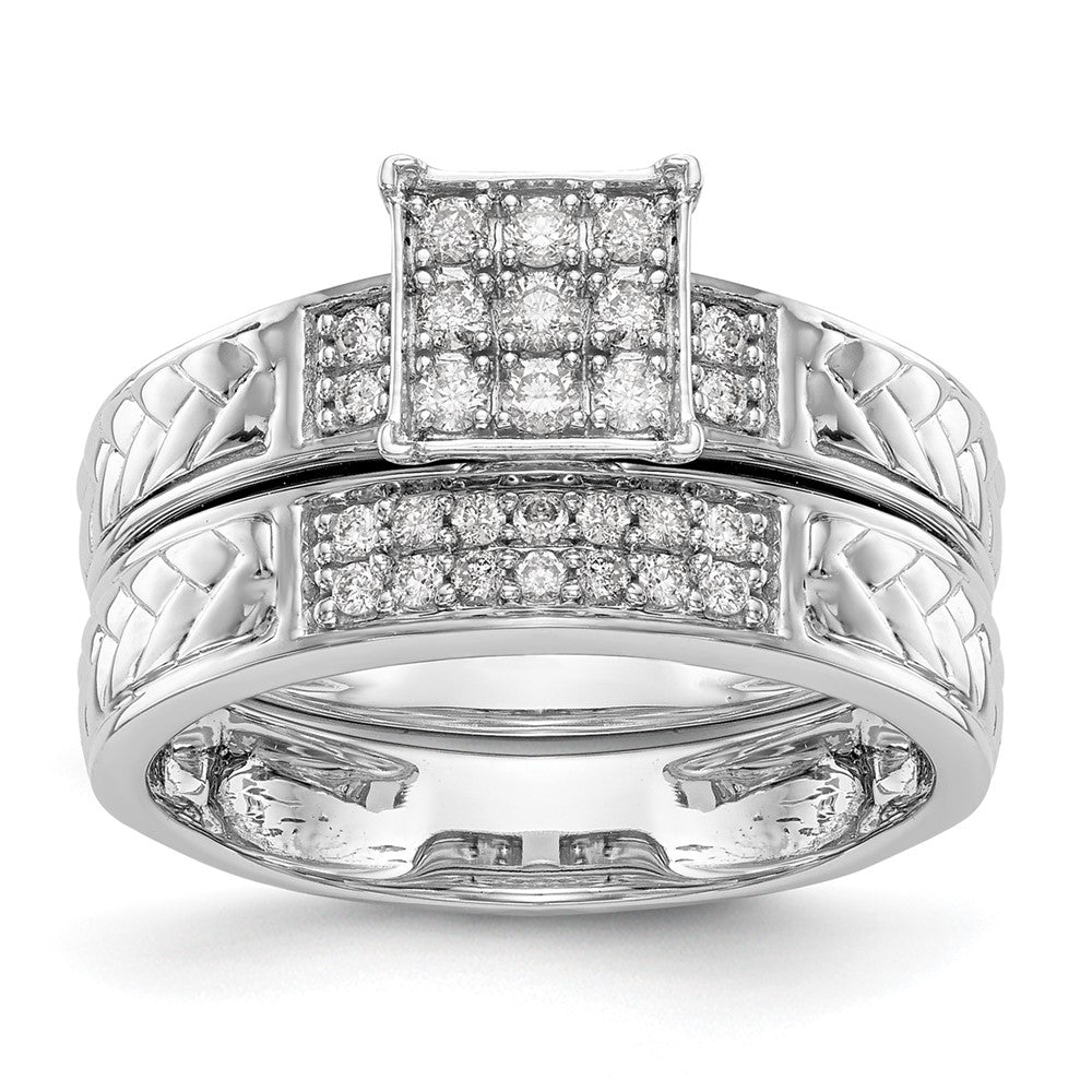 14K White Gold Square Cluster AA Quality 1/6 carat Diamond Trio Complete Engagement Ring
