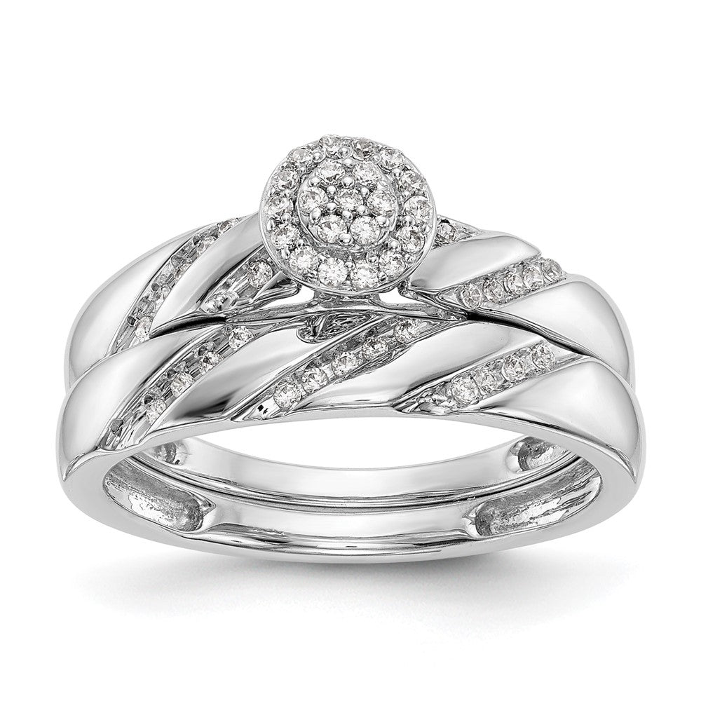 14K White Gold Halo Cluster AA Quality 1/6 carat Diamond Trio Complete Engagement Ring