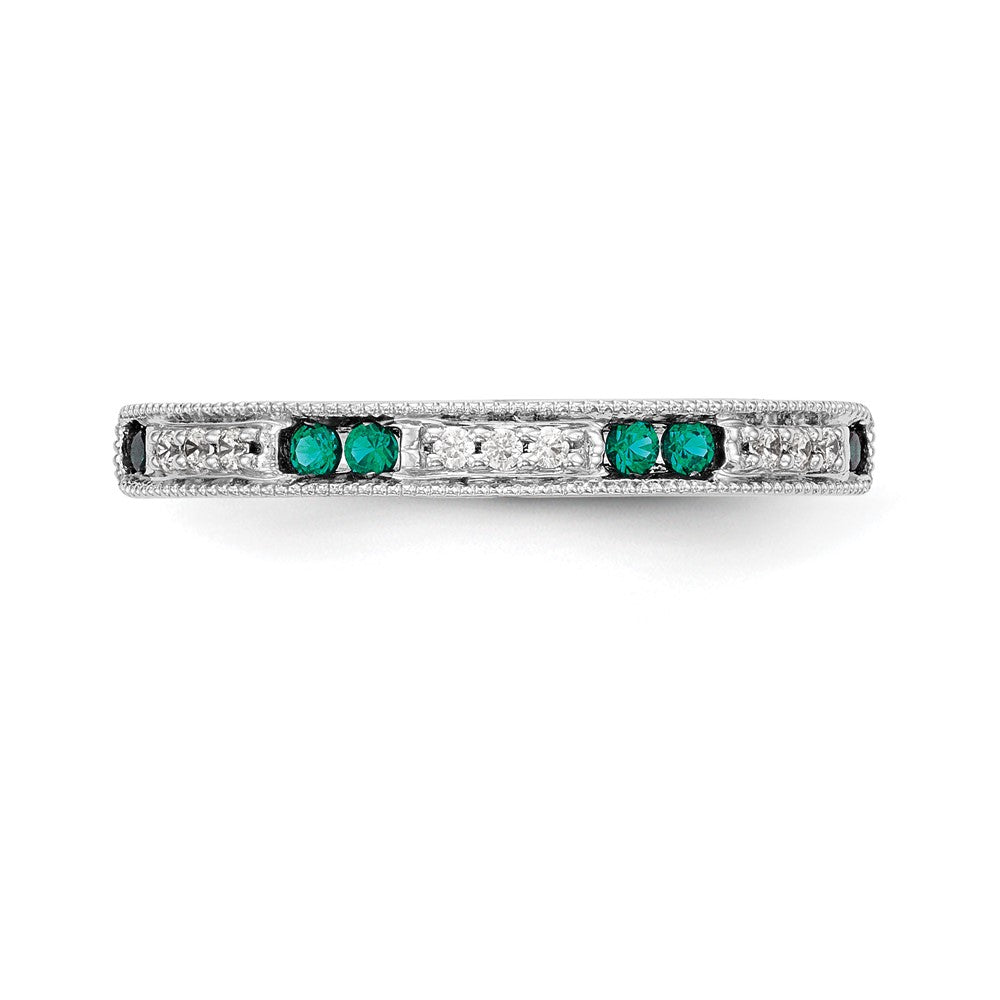 14k White Gold 1/20 carat Diamond and Emerald Complete Wedding Band