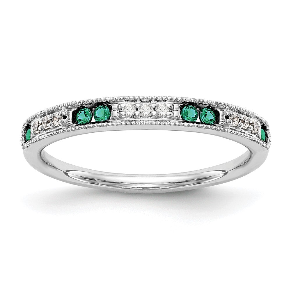 14k White Gold 1/20 carat Diamond and Emerald Complete Wedding Band
