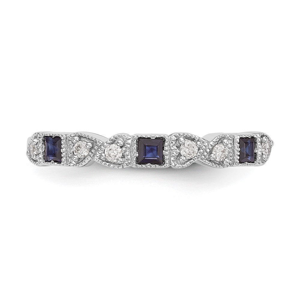 14k White Gold Heart Design 1/10 carat Diamond and Blue Princess Sapphire Complete Band