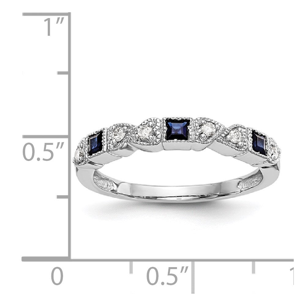 14k White Gold Heart Design 1/10 carat Diamond and Blue Princess Sapphire Complete Band