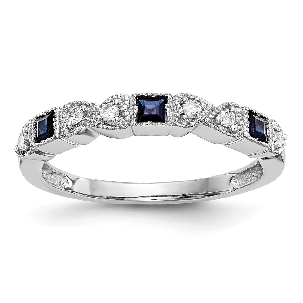 14k White Gold Heart Design 1/10 carat Diamond and Blue Princess Sapphire Complete Band