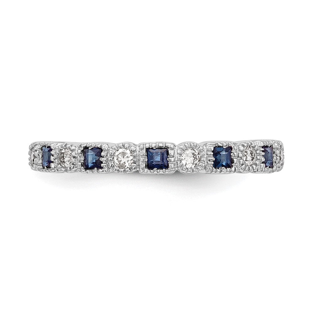14k White Gold 1/10 carat Diamond and Blue Princess Sapphire Complete Band