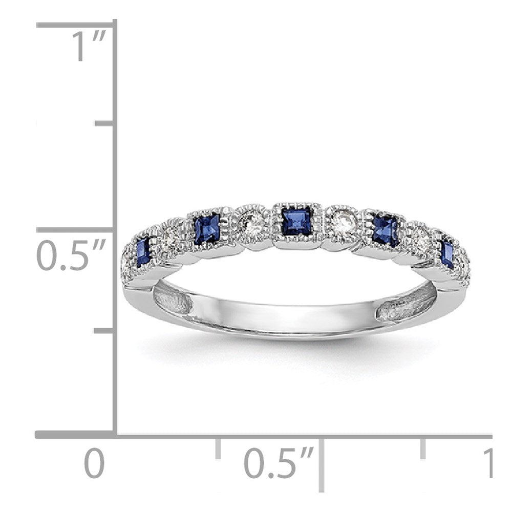 14k White Gold 1/10 carat Diamond and Blue Princess Sapphire Complete Band