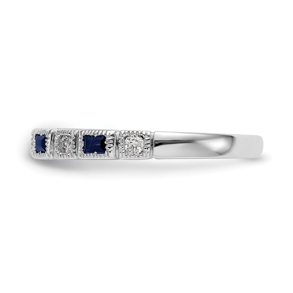 14k White Gold 1/10 carat Diamond and Blue Sapphire Baguette Complete Band