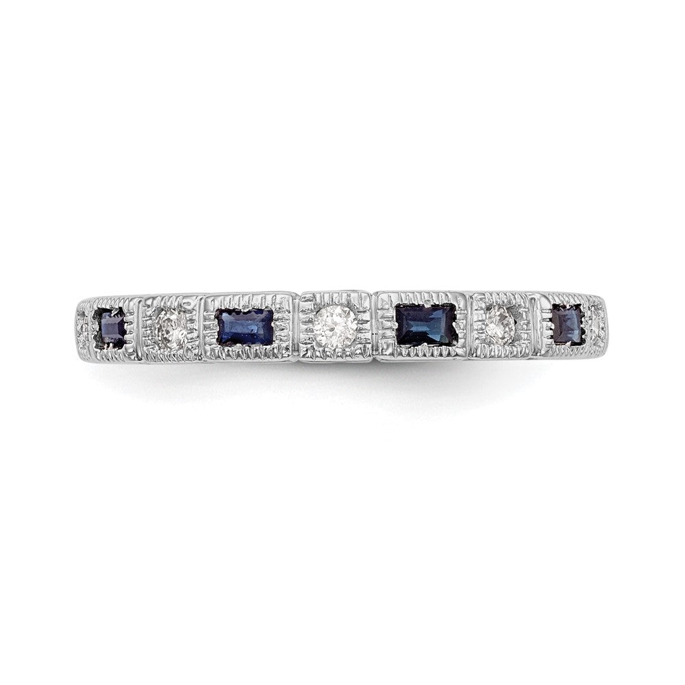 14k White Gold 1/10 carat Diamond and Blue Sapphire Baguette Complete Band