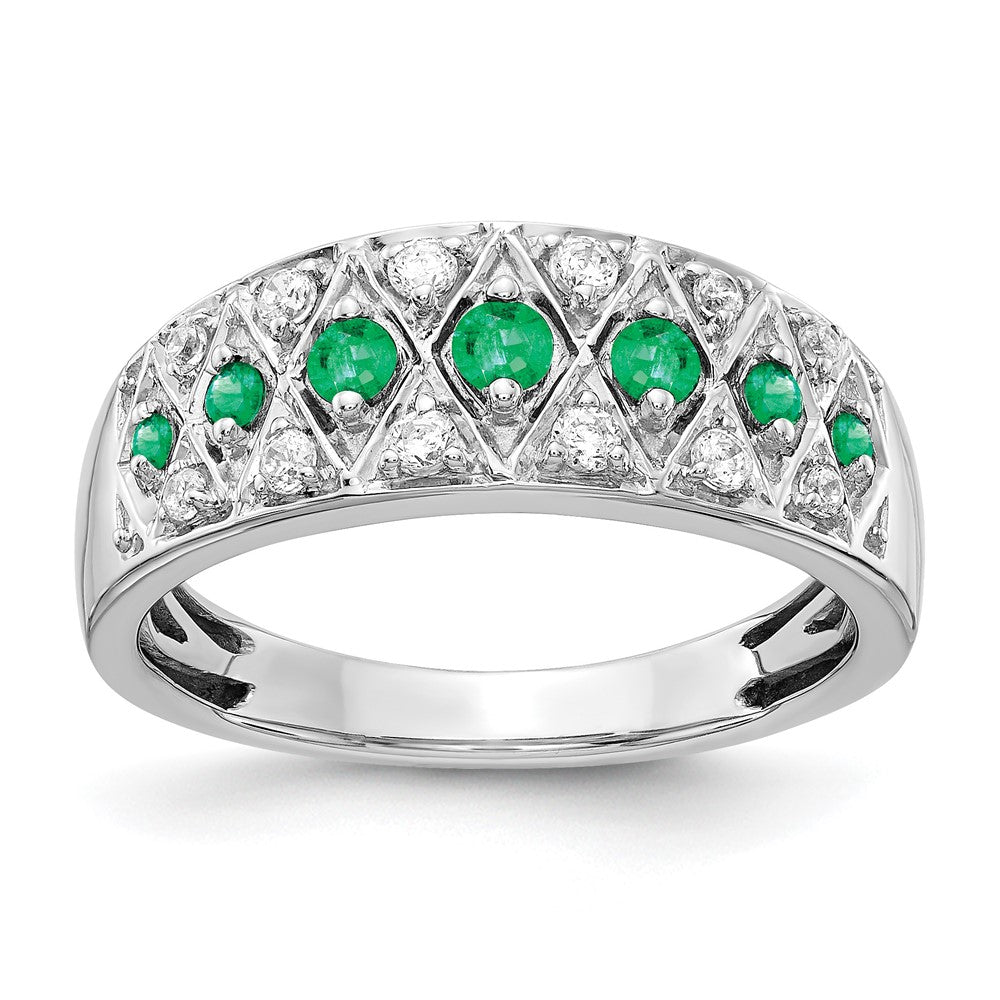14k White Gold Graduated Emerald and 1/5 carat Diamond Fancy Ring