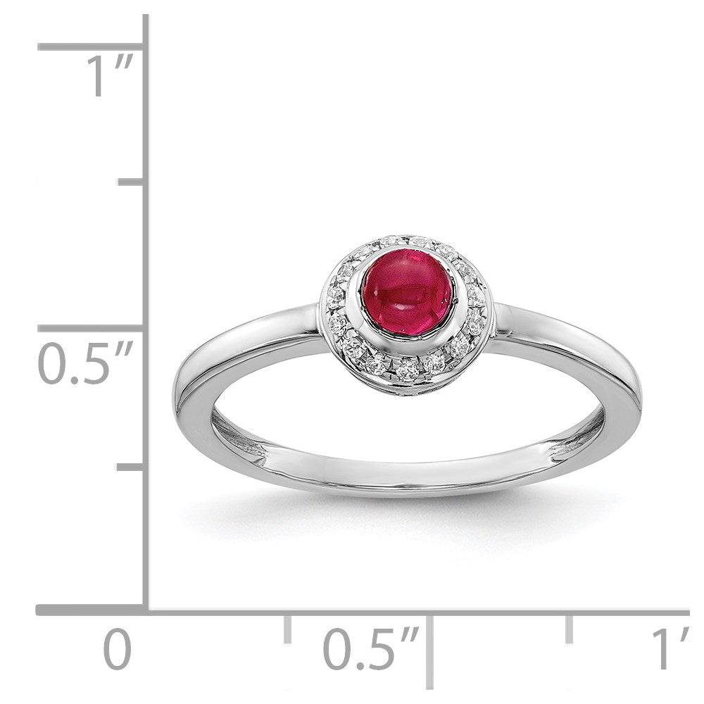 14k White Gold 1/15 carat Diamond and 4mm Round Cabochon Ruby Halo Ring