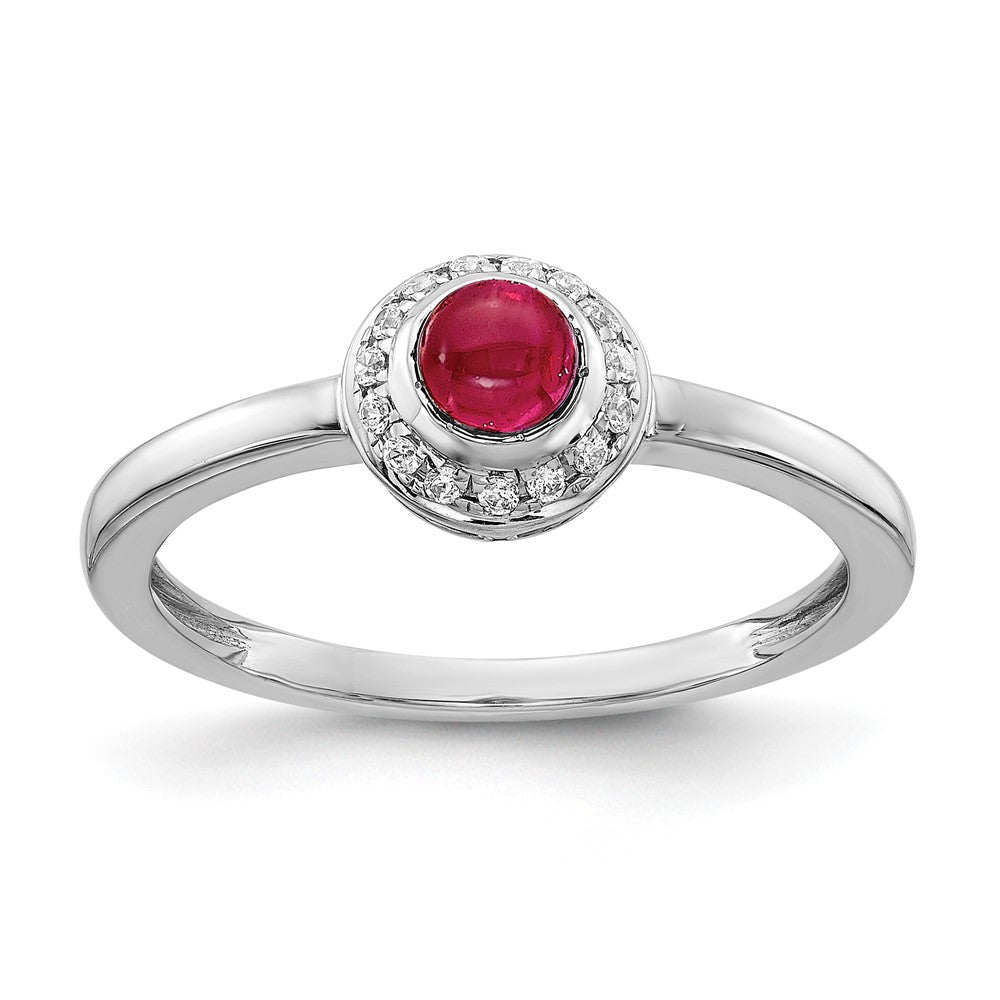 14k White Gold 1/15 carat Diamond and 4mm Round Cabochon Ruby Halo Ring