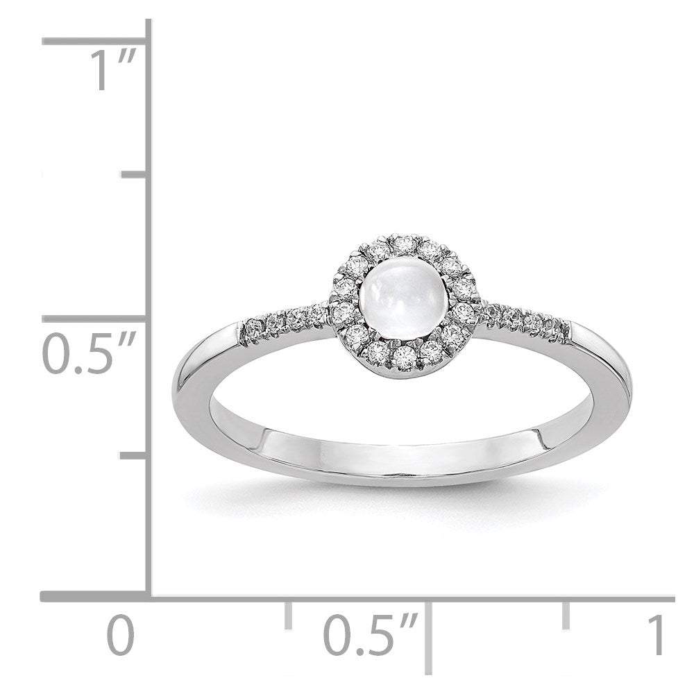 14k White Gold 1/10 carat Diamond and 3.7mm Round Cabochon White Topaz Halo Ring