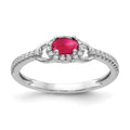 14k White Gold 1/6 carat Diamond and 5x3mm Oval Cabochon Ruby East-West Halo Ring