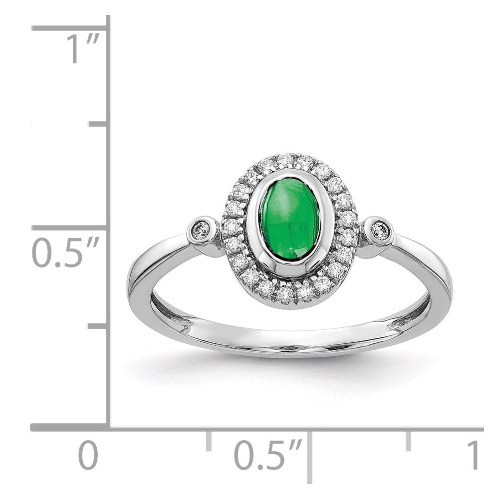 14k White Gold 1/8 carat Diamond and 6x4mm Oval Cabochon Emerald Halo Ring