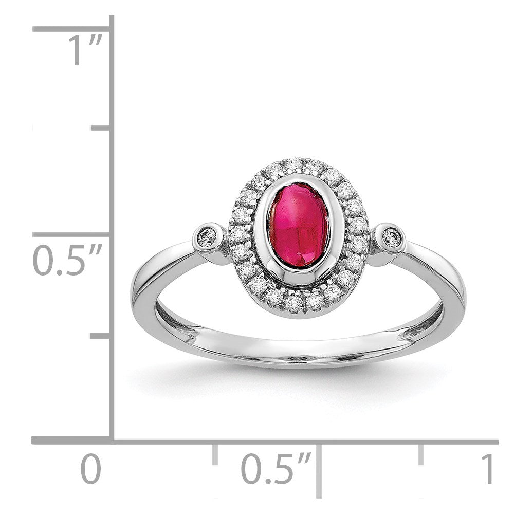 14k White Gold 1/8 carat Diamond and 6x4mm Oval Cabochon Ruby Halo Ring