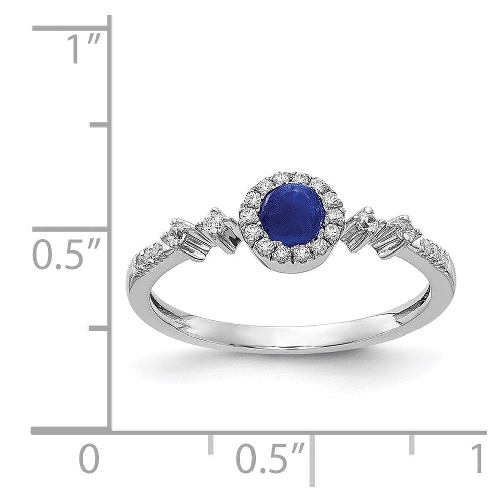 14k White Gold 1/8 carat Diamond and 4mm Round Cabochon Blue Sapphire Halo Ring