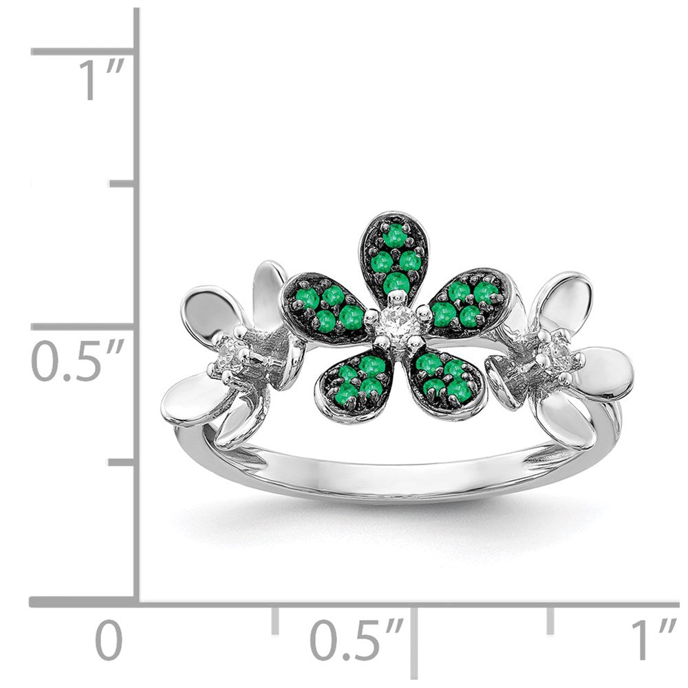14k White Gold 1/10 carat Diamond and Emerald Flower Ring