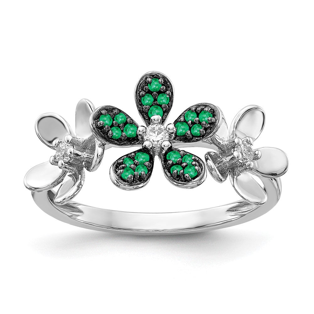 14k White Gold 1/10 carat Diamond and Emerald Flower Ring