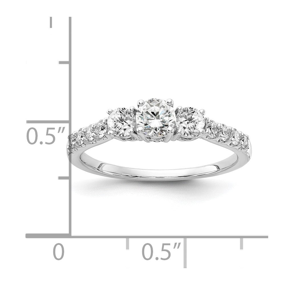 14k White Gold 1/2 carat Lab Grown Diamond VS/SI+ G+ 1/4 carat Center Round Semi Mount Three Stone Engagement Ring