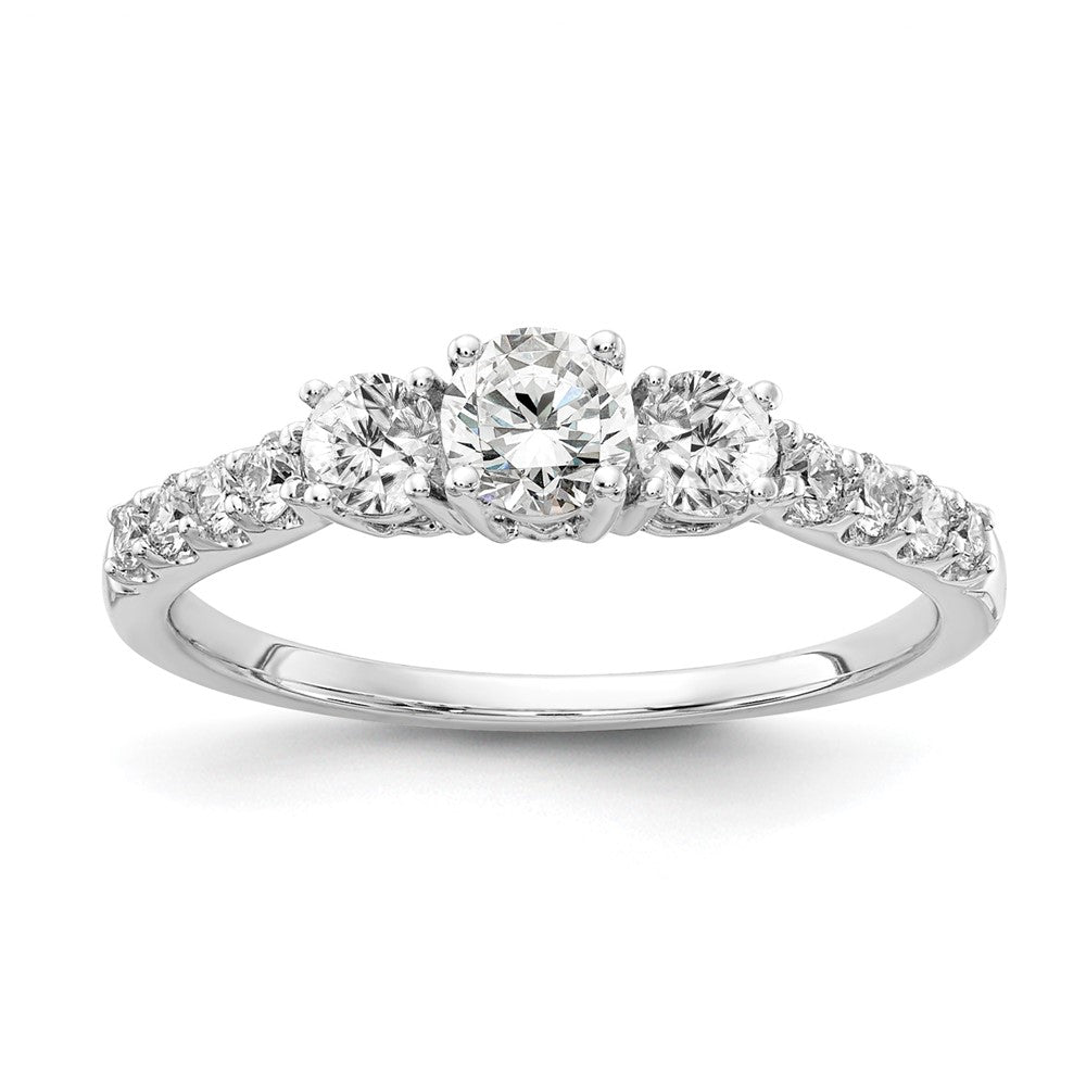 14k White Gold 1/2 carat Lab Grown Diamond VS/SI+ G+ 1/4 carat Center Round Semi Mount Three Stone Engagement Ring