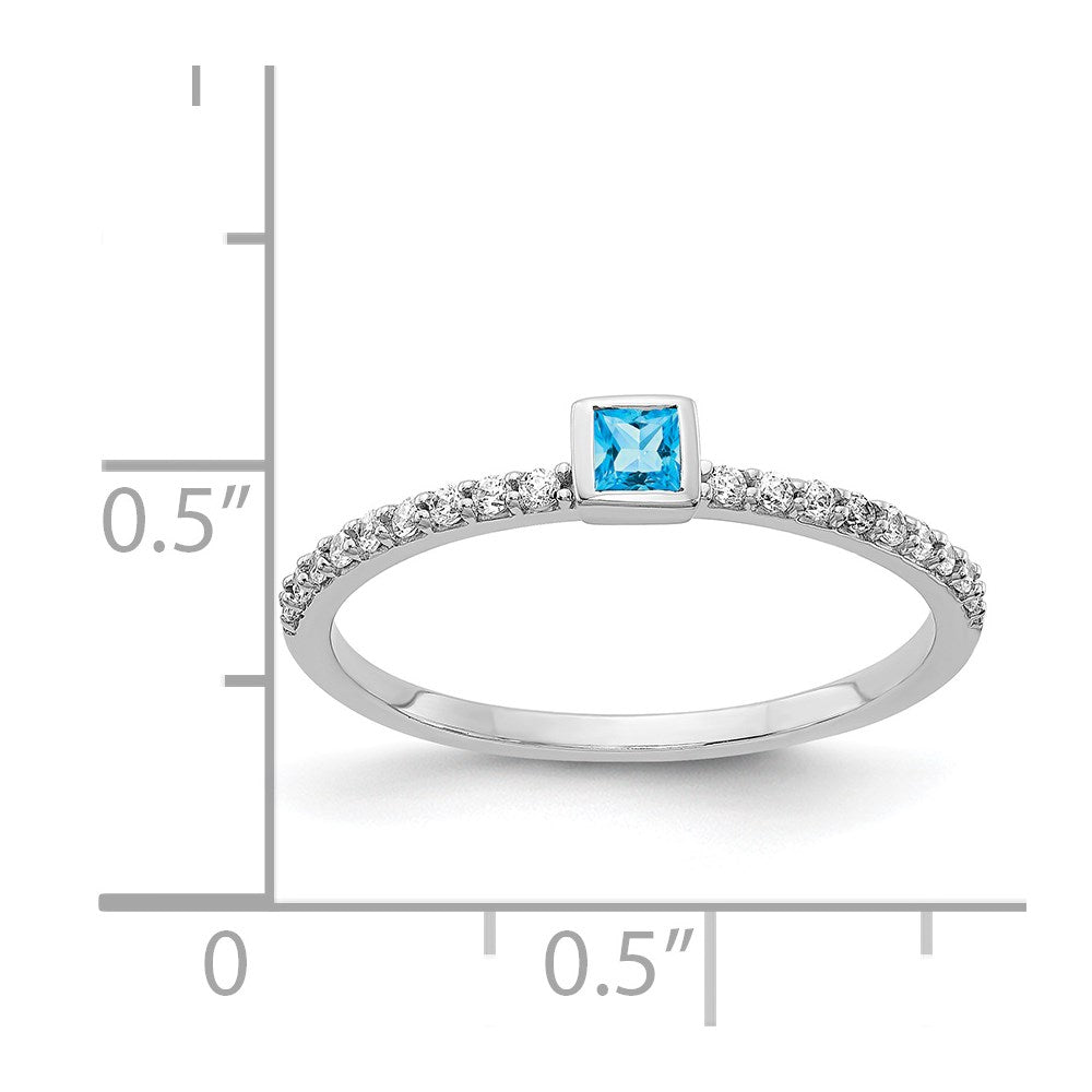 14k White Gold 1/6 carat Diamond and 2.5mm Princess-cut Blue Topaz Bezel Ring