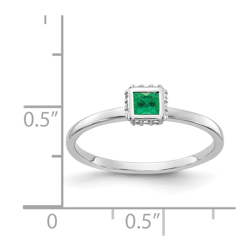 14k White Gold 1/20 carat Diamond and 3mm Princess Emerald Halo Ring