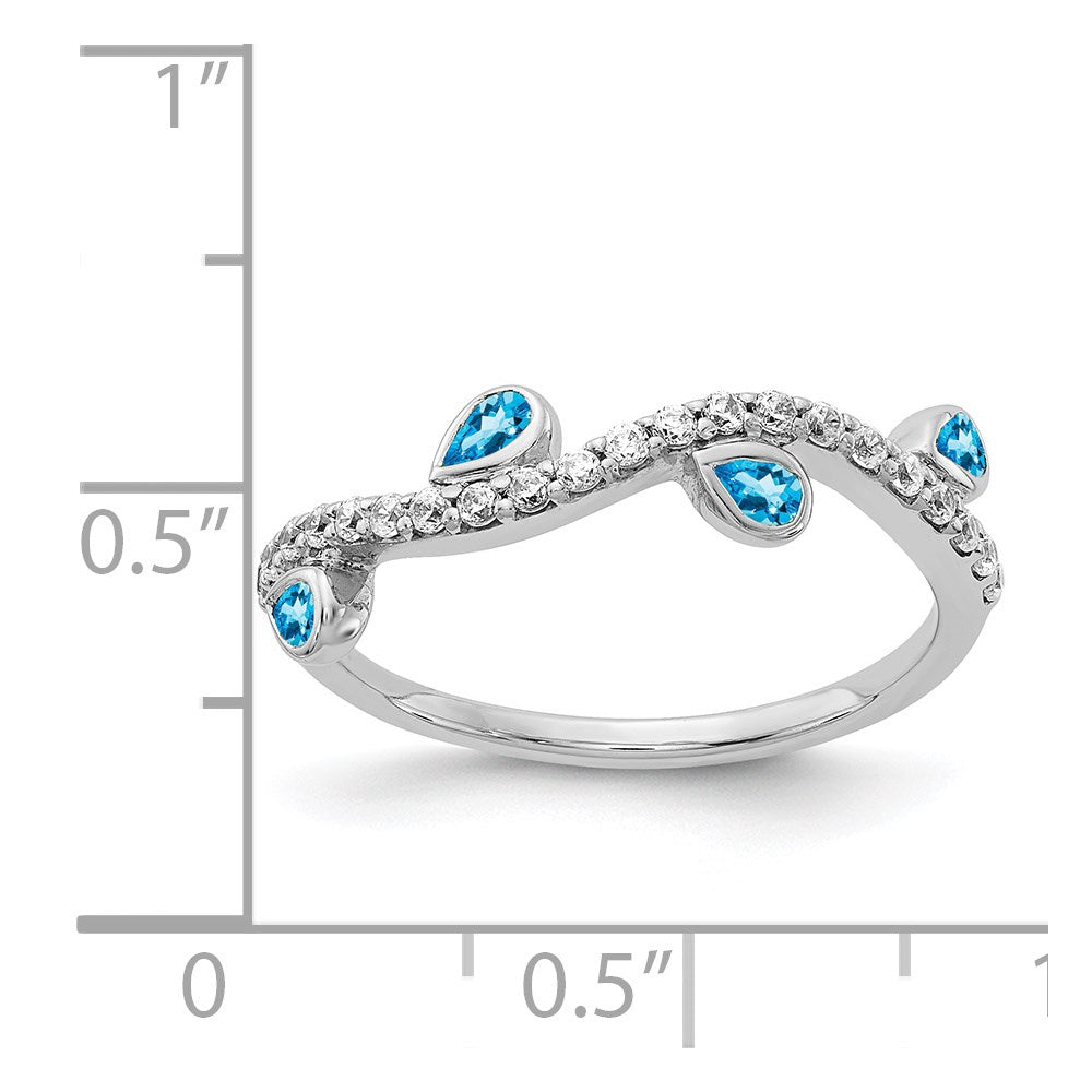 14k White Gold 1/5 carat Diamond and Pear Blue Topaz Curved 4-Stone Ring