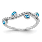 14k White Gold 1/5 carat Diamond and Pear Blue Topaz Curved 4-Stone Ring