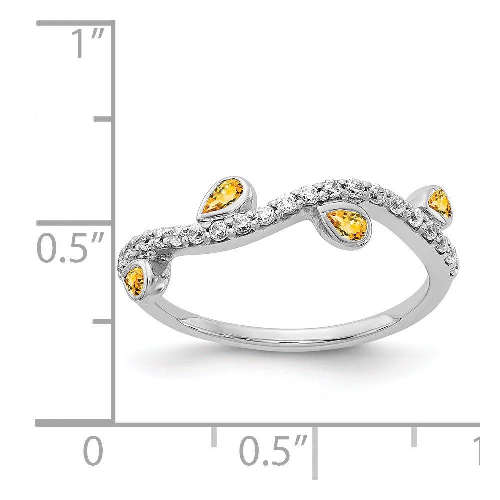 14k White Gold 1/5 carat Diamond and Pear Citrine Curved 4-Stone Ring