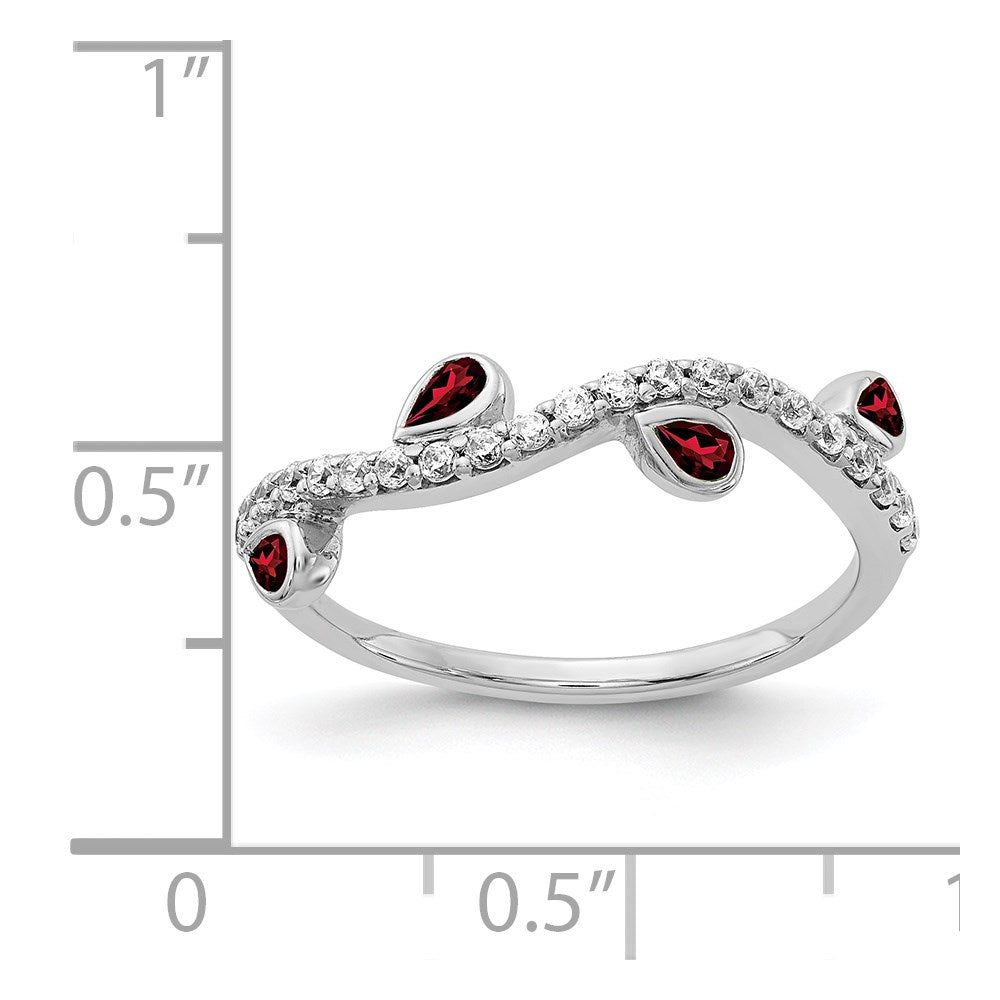 14k White Gold 1/5 carat Diamond and Pear Garnet Curved 4-Stone Ring