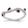 14k White Gold 1/5 carat Diamond and Pear Garnet Curved 4-Stone Ring