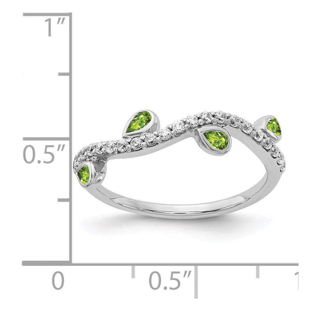 14k White Gold 1/5 carat Diamond and Pear Peridot Curved 4-Stone Ring