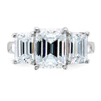 14kw 4 3/4ct. Three Stone D E F Pure Light Emerald-cut Moissanite Ring