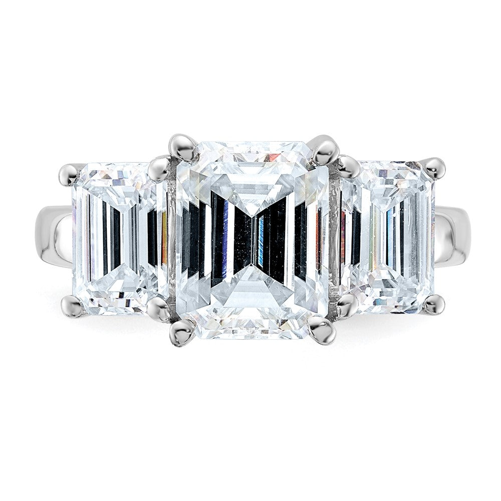 14kw 4 3/4ct. Three Stone G H I True Light Emerald-cut Moissanite Ring