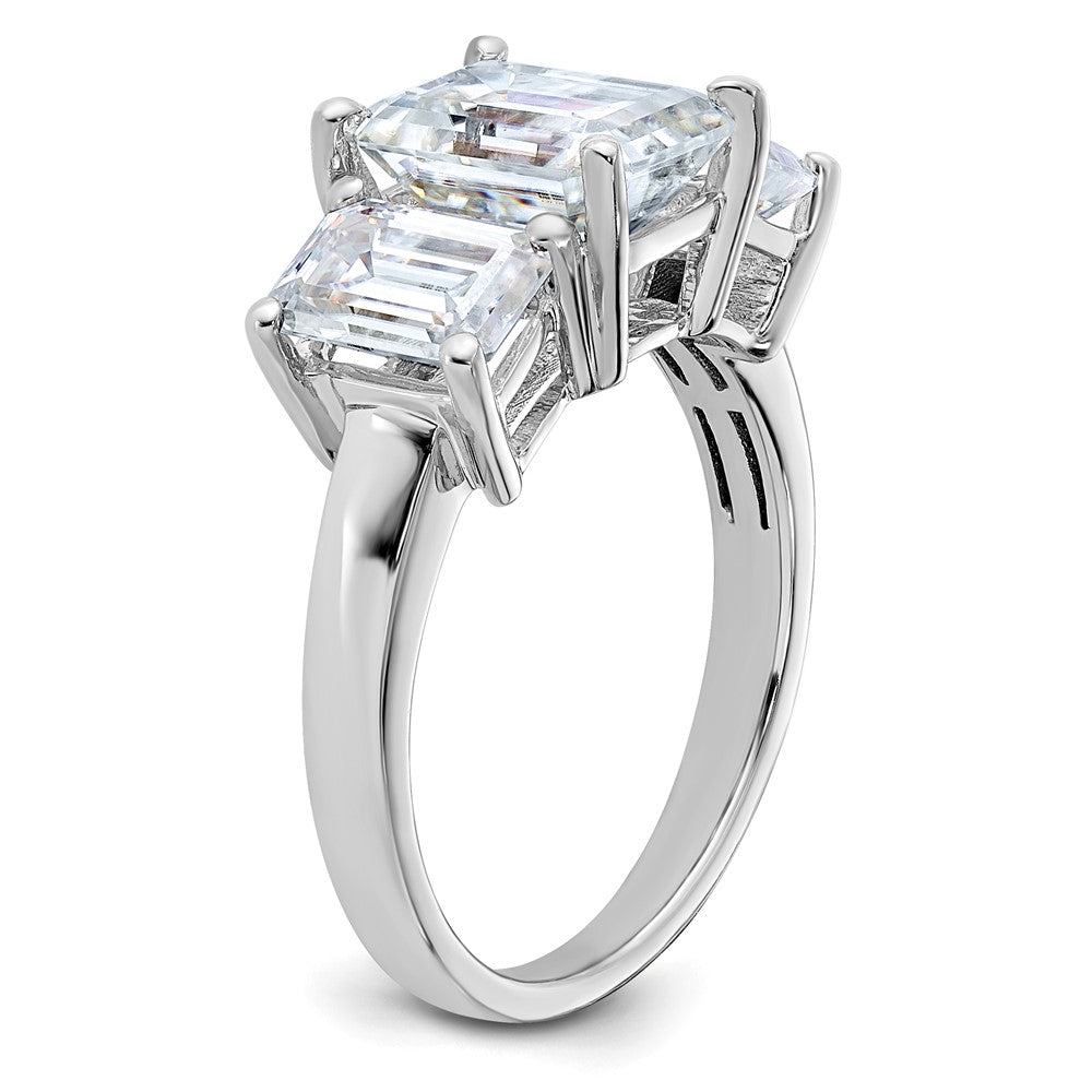 14kw 4 3/4ct. Three Stone D E F Pure Light Emerald-cut Moissanite Ring
