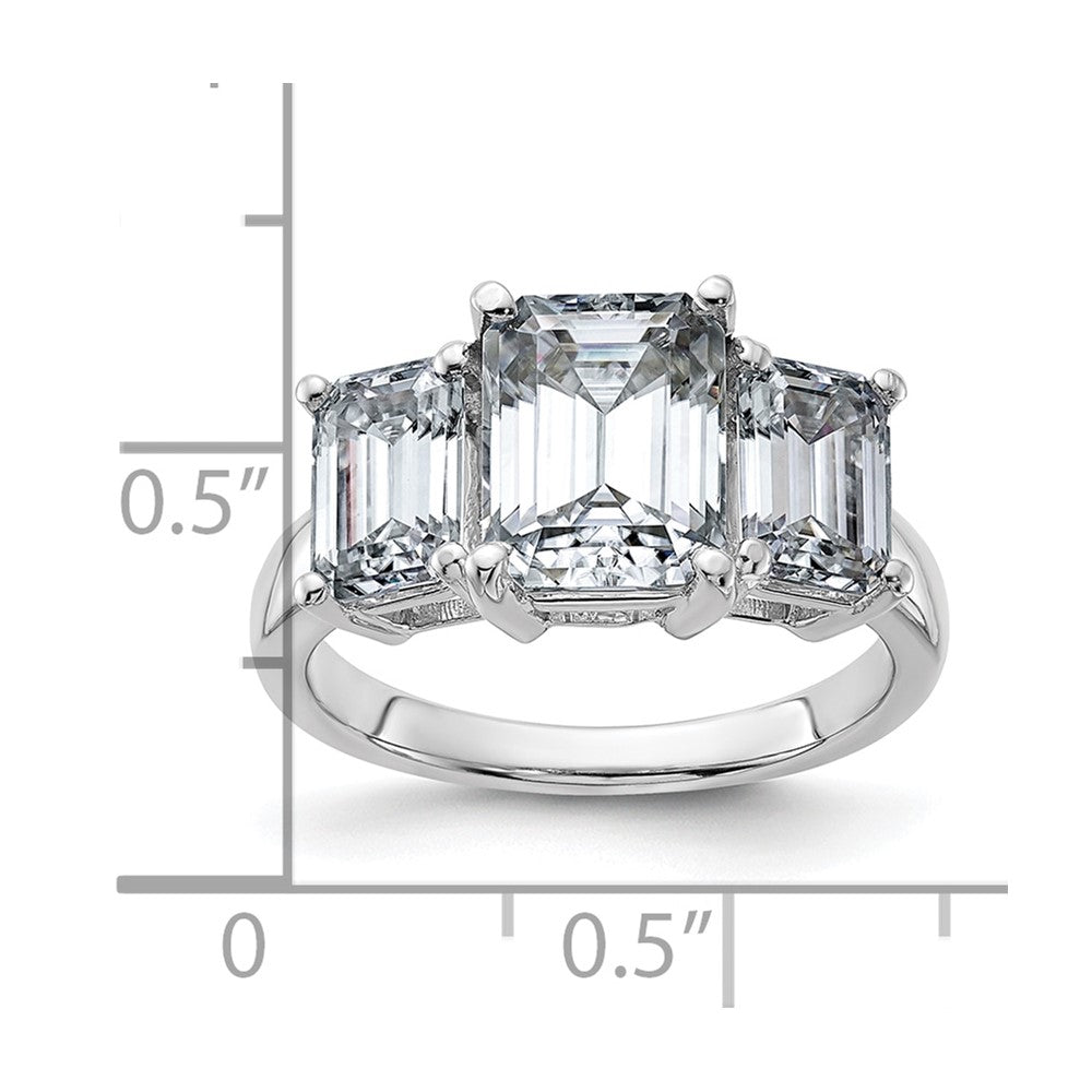 14kw 4 3/4ct. Three Stone D E F Pure Light Emerald-cut Moissanite Ring