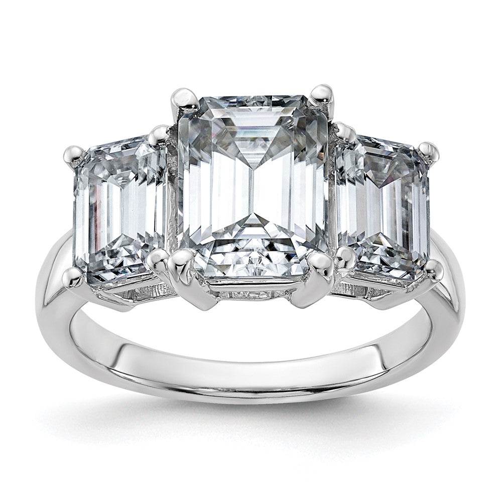 14kw 4 3/4ct. Three Stone G H I True Light Emerald-cut Moissanite Ring