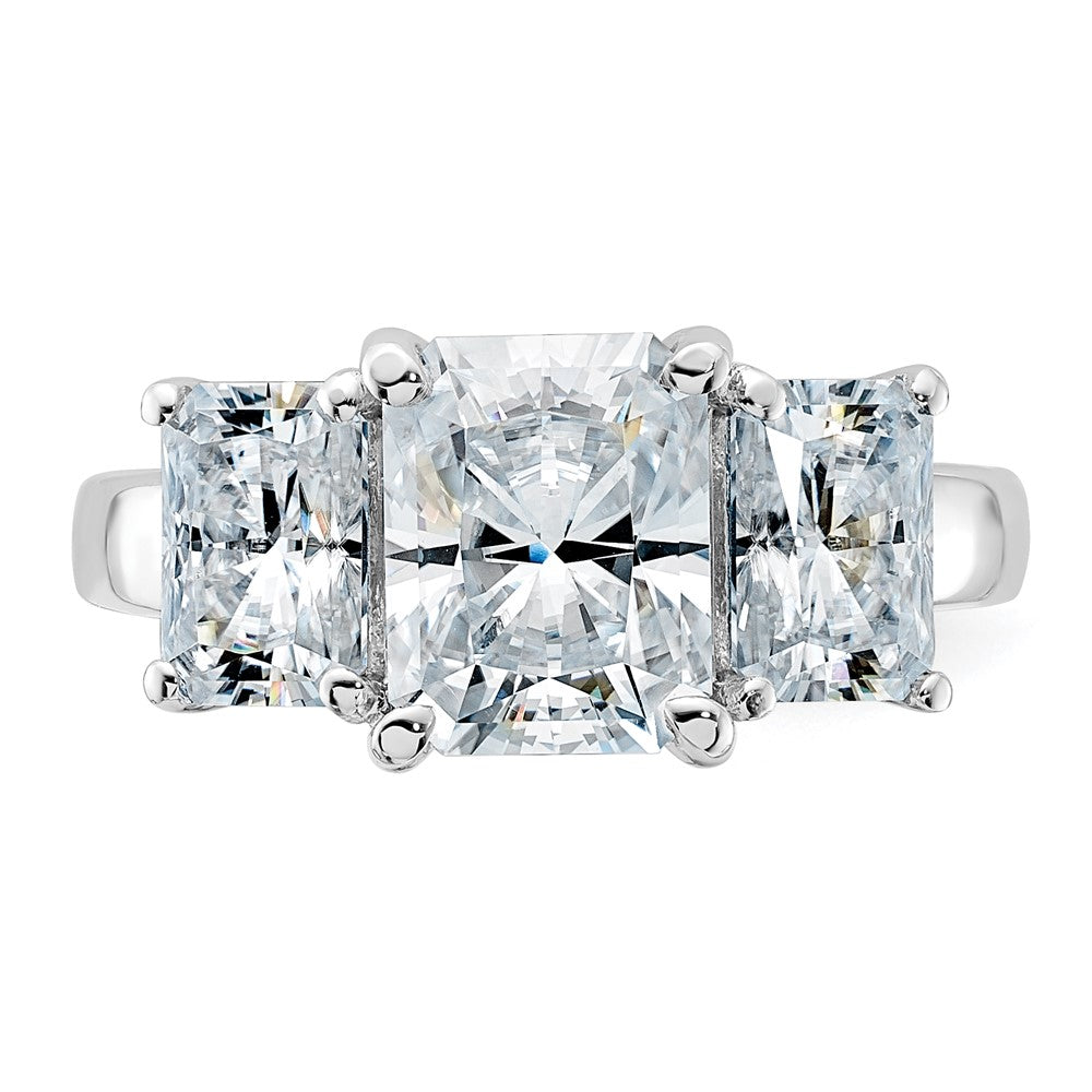 14kw 5 1/3ct. Three Stone D E F Pure Light Octagon Moissanite Ring