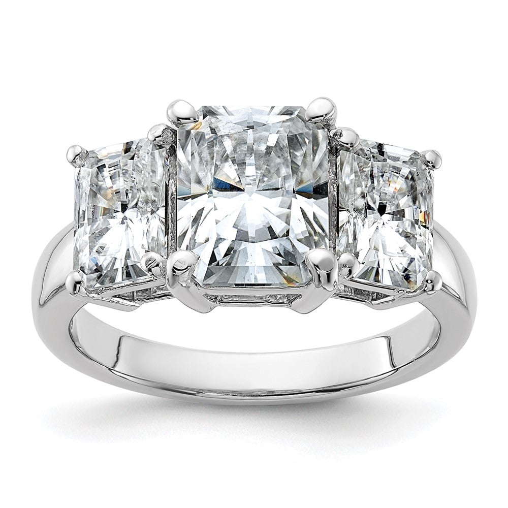 14kw 5 1/3ct. Three Stone D E F Pure Light Octagon Moissanite Ring