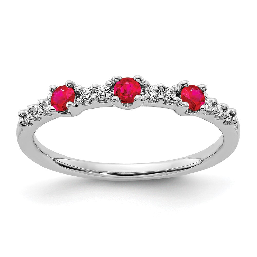 14k White Gold 1/10 carat Diamond and Ruby 3-Stone Ring