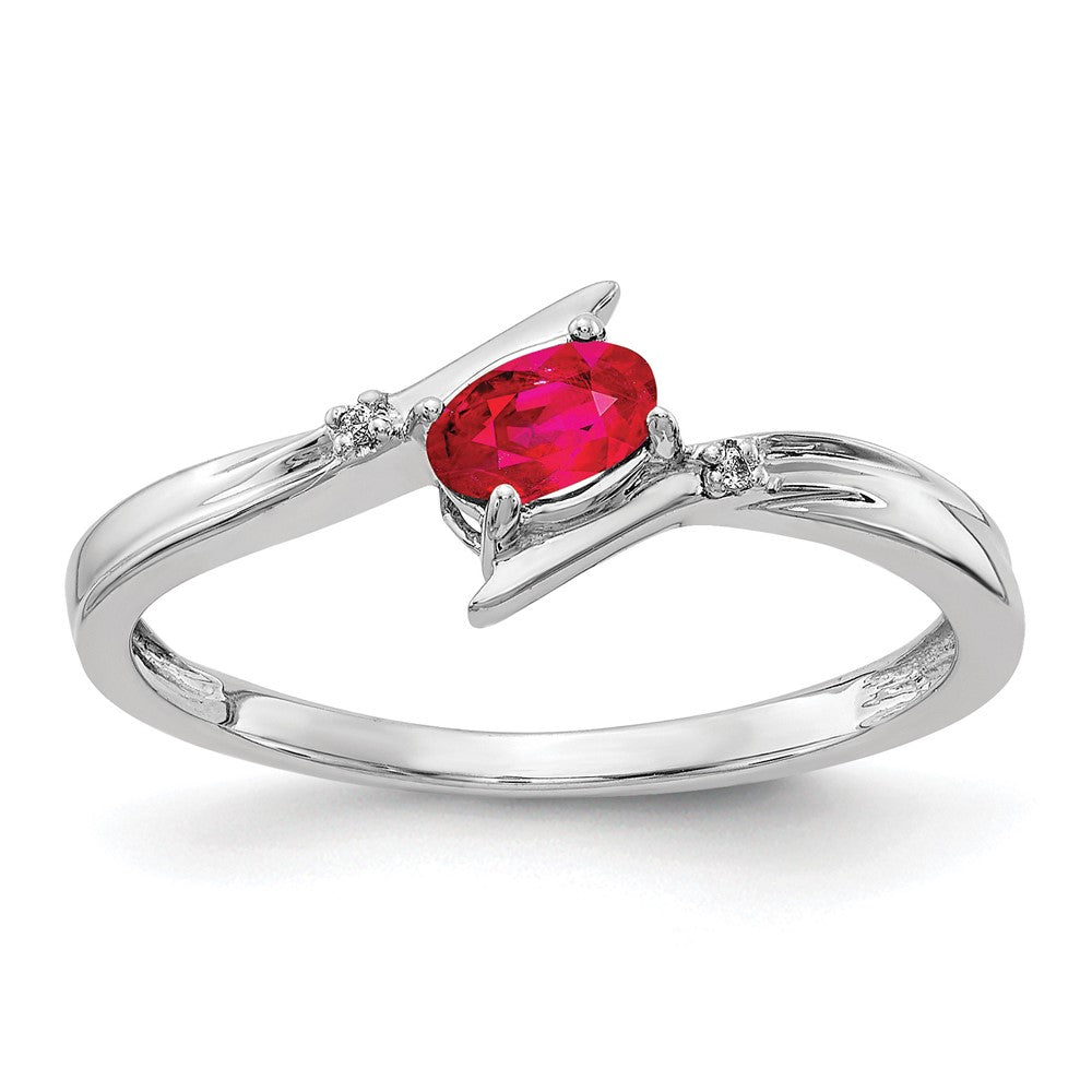 14k White Gold Polished 5x3mm Oval Ruby and Diamond Bypass Ring
