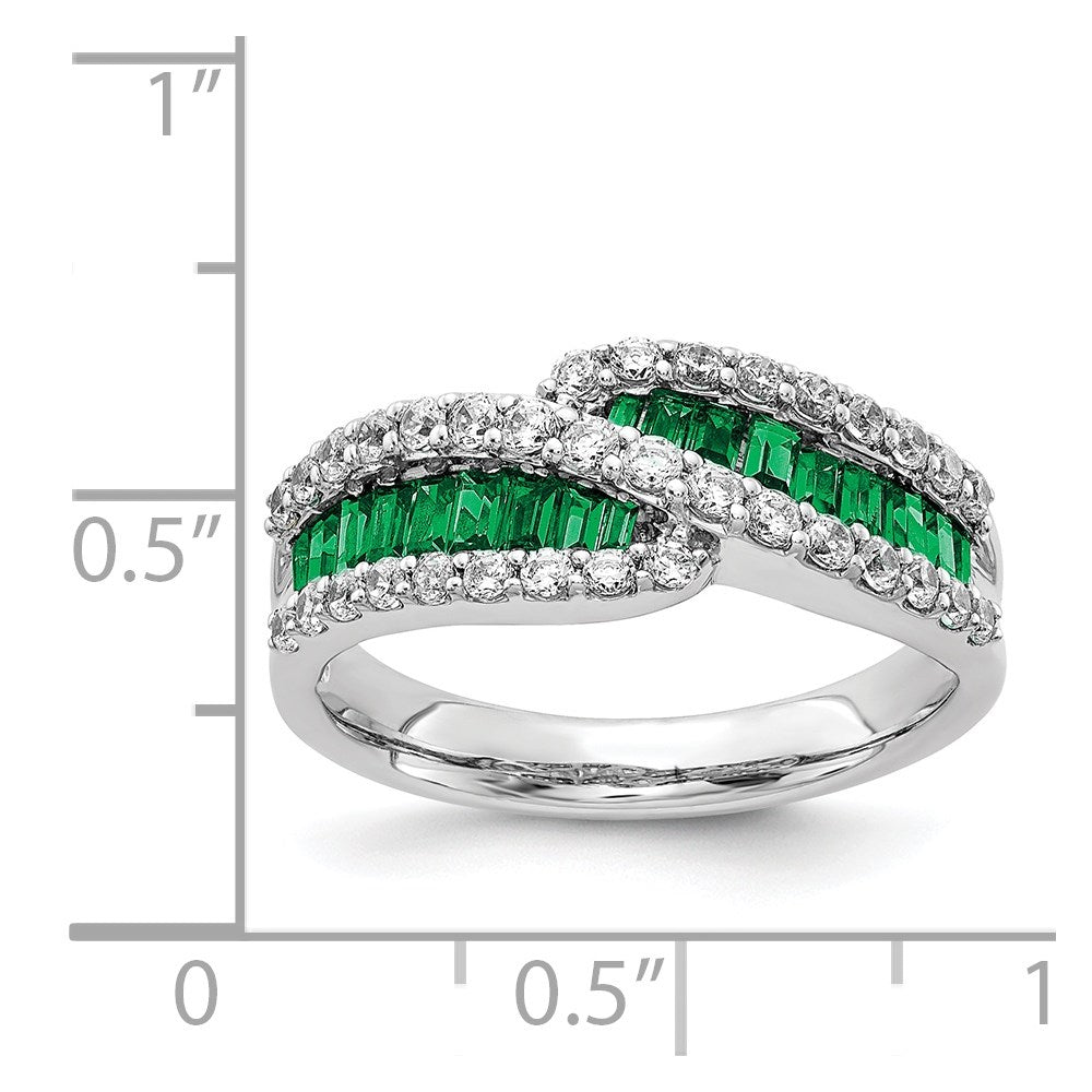 14k White Gold Baguette Emerald and 5/8 carat Diamond Bypass Ring